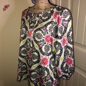 Ivy Jane Paisley Peasant Style White, Red, Pink & Black Blouse Wide Sleeves Sz M